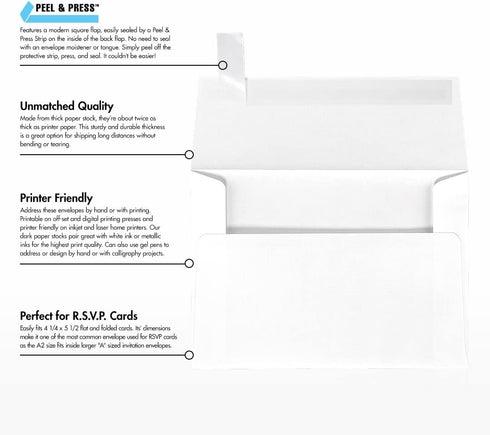 LUXPaper A2 Invitation Envelopes | 50 Qty | Peel & Press | 4 3/8" x 5 3/4" | White Linen | 80lb. Text