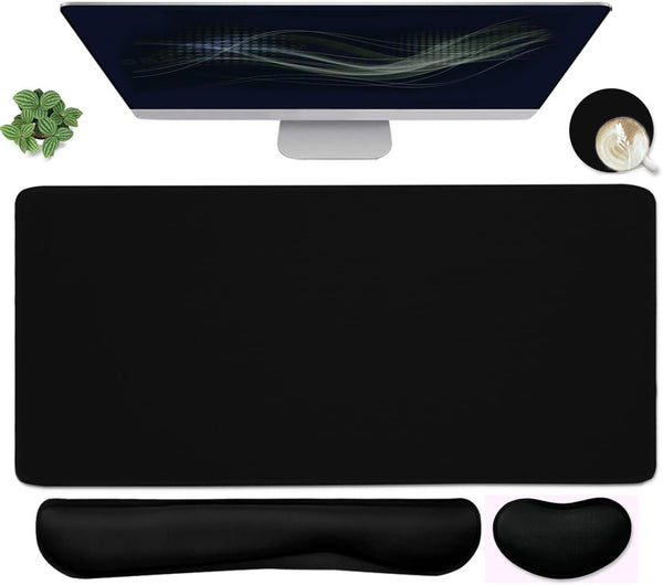 Large Mouse Pad and Keyboard Wrist Rest, 4-in-1 Gaming Desk Pad with Wrist Support, Black Desk Mat for Home Office Study