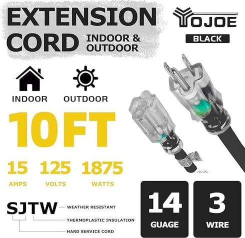 YOJOE 14/3 10 ft Black Outdoor Extension Cord, Heavy Duty Waterproof Lighted Power Cable