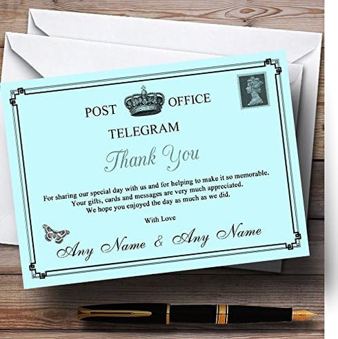 The Card Zoo Vintage Telegram Elegant Aqua Personalized Wedding Thank You Cards