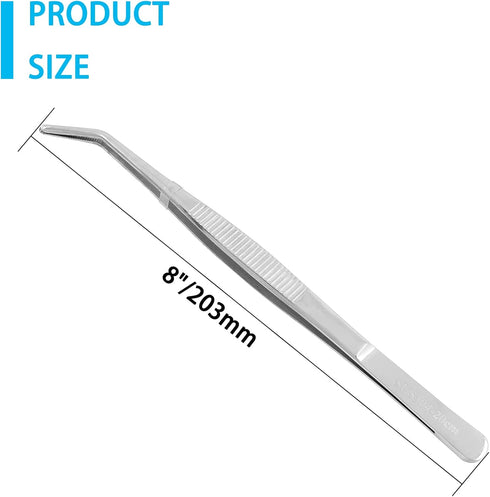 1Pcs 8 Inch Stainless Steel Tweezer, Long Tweezers with Precision Serrated Curved Tips, Non-slip Multitool Tweezer for Cooking, Repairing, Medical, Garden