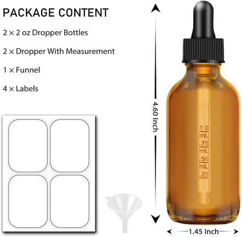 Glass Dropper Bottles, 2 oz Amber and Blue Bottles for Essential Oils with Funnel, Labels & Pipette, 2 Pack