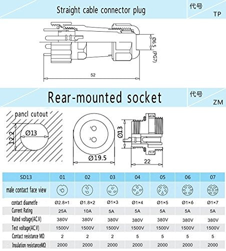 SD13 7PIN Waterproof Connector, IP68 5A 380V AC High Voltage Circular Automotive Power Plug Socket