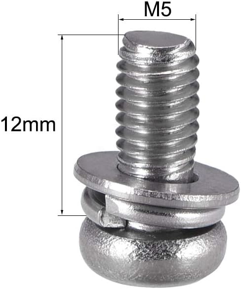 M5 x 12mm Stainless Steel Phillips Pan Head Machine Screws Bolts, uxcell, 5pcs with Spring Washer and Plain Washers