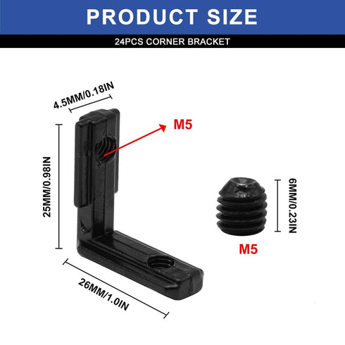 24pcs 2020 Extrusion Connector Bracket Joint Extruded Aluminum Hardware T-Slot Accessories V-Slot with Screws for 8020 Aluminum Profile 3D Printer Accessories Black