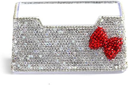 Bling Pure Handmade Rhinestones Business Card Holder, Stainless Steel Name Card Case with Red Bow
