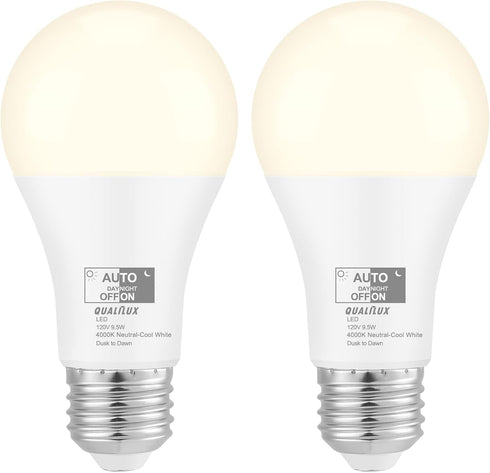 Dusk to Dawn Light Bulbs, 4000K Cool White, 850LM, 60W Equivalent, LED 9.5W, A19 E26 Base, 2-Pack, HQ-H013