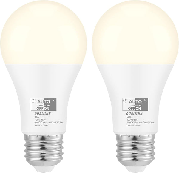 Dusk to Dawn Light Bulbs, 4000K Cool White, 850LM, 60W Equivalent, LED 9.5W, A19 E26 Base, 2-Pack, HQ-H013