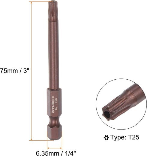 2pcs T25 Torx Bit 1/4" Hex Shank, 3" Length Magnetic Security Star Screwdriver Power Tool in Red