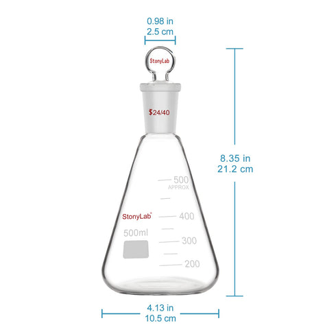 stonylab Glass 24/40 Erlenmeyer Flask with Stopper, 500 ml Borosilicate Glass Heavy Wall Flask with 24/40 Joint