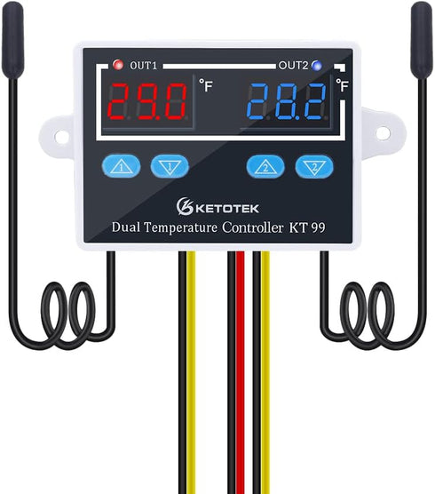 Digital Dual Temperature Controller 120V, Fahrenheit Thermostat 10A with 2 Waterproof Probes, Heating Cooling Switch