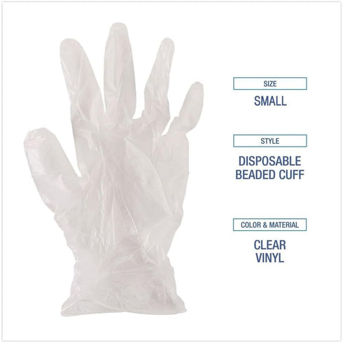 361SBX 3 3/5 100/Box Boardwalk Exam Vinyl Gloves, Powder/Latex-Free, mil, Clear, Small