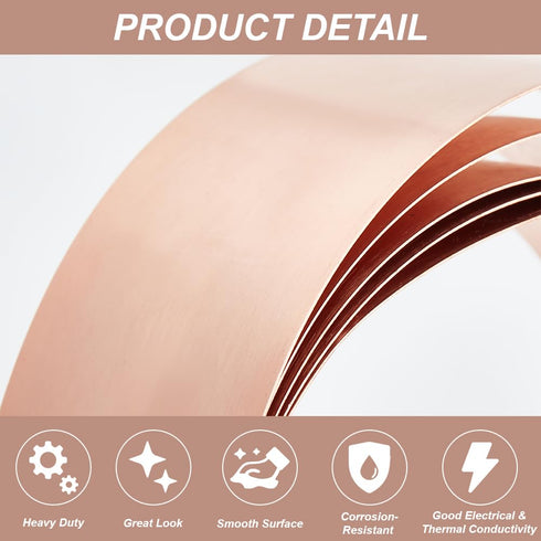 BENECREAT 6.56 FT Copper Sheet Roll, 2" Width 26 Ga, Pure Copper Strip for DIY Projects, Unplated Metal Foil