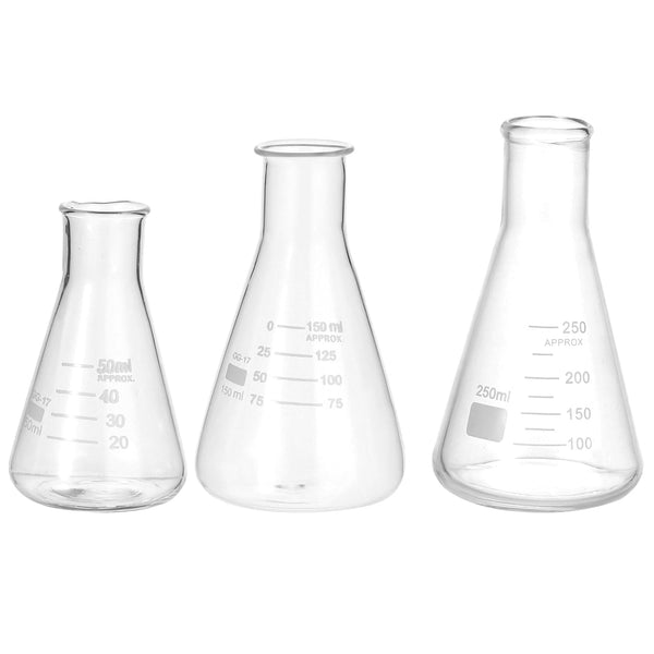 PATIKIL 3 Pcs Erlenmeyer Flask, 50ml 150ml 250ml Narrow Mouth Graduated Borosilicate Glass for Lab Chemistry