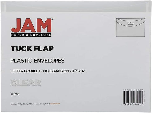 JAM PAPER Plastic Envelopes with Tuck Flap Closure, Letter Booklet, 8 7/8 x 12, Clear, 12/Pack