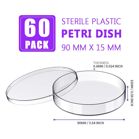 60 Pack Sterile Plastic Petri Dishes with Lid, 90mm Dia x 15mm Deep for Laboratory Use (90MM-60PACK)