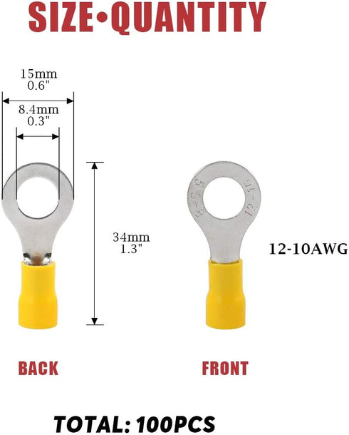 Hilitchi 100Pcs Insulated Ring Electrical Wire Crimp Connectors, 12-10AWG, Yellow - M8