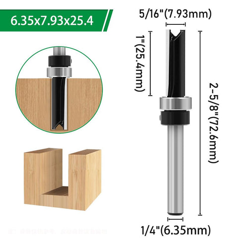 Ozmatip 5pcs 1/4 1/4", 3/8", 9/16", 3/4", 1" Pattern Flush Trim Router Bit Shank, Carbide Tipped Top Bearing Template