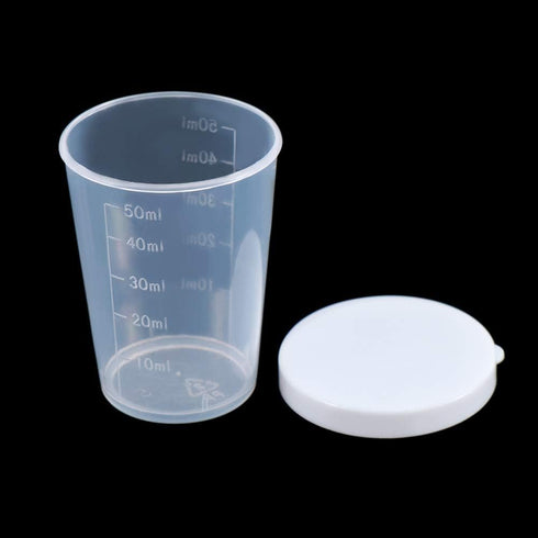 50ml Plastic Transparent Measuring Cups, Pack of 10 Clear Cups for Laboratory Test Calibration with Lid
