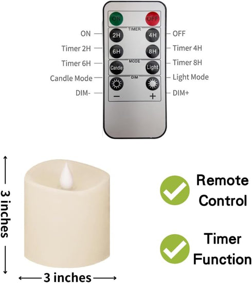 3x3 Flickering Flameless Candles, Set of 1, 3 Inch Real Wax LED 600 Hours Battery Candles with Timer Remote for