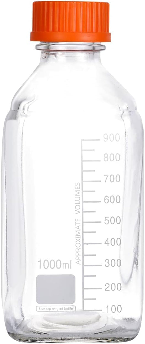 4 Pack 1000 mL Graduated Square Glass Bottle with GL45 Orange Polypropylene Screw Cap