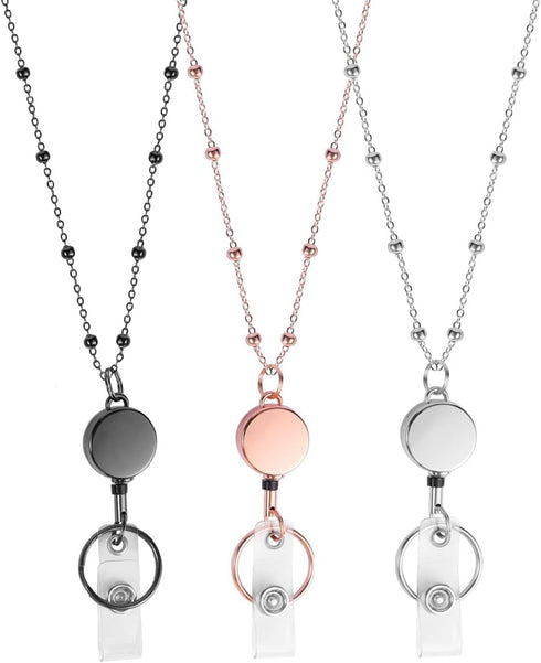 TuNan 3PCS Metal Lanyards Necklace with Clips Retractable for Id Badges, Beaded Design