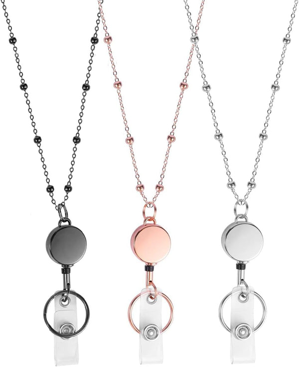 TuNan 3PCS Metal Lanyards Necklace with Clips Retractable for Id Badges, Beaded Design