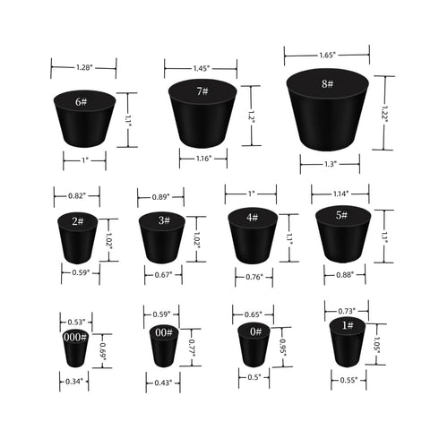 21 Pack Solid Rubber Stopper, Black Lab Plug, Assorted Sizes 000# - 8#