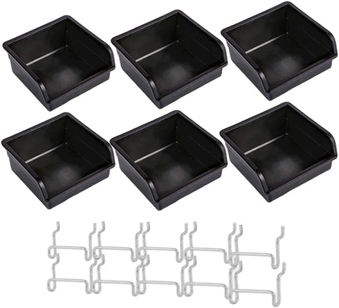 16pcs Black Pegboard Cups and Peg Hooks, Square Box Shape 1/4" 1/8" Cup Holder Accessories for Garage Craft Storage