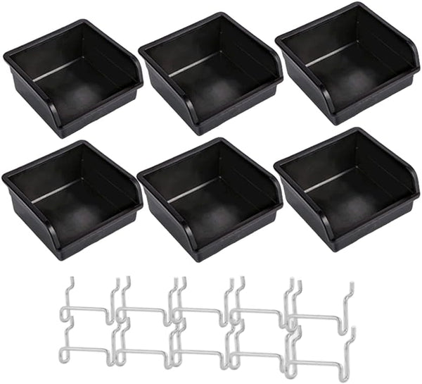 16pcs Black Pegboard Cups and Peg Hooks, Square Box Shape 1/4" 1/8" Cup Holder Accessories for Garage Craft Storage
