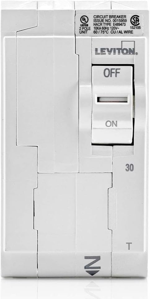 Leviton LB230-T 30A 2-Pole Plug-On Standard Branch Circuit Breaker, Thermal Magnetic, 120/240 VAC, White by Leviton