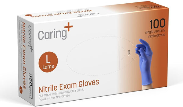 Caring Nitrile Exam Gloves, Blue Powder-Free Disposable Gloves for Medical Care and Food Prep