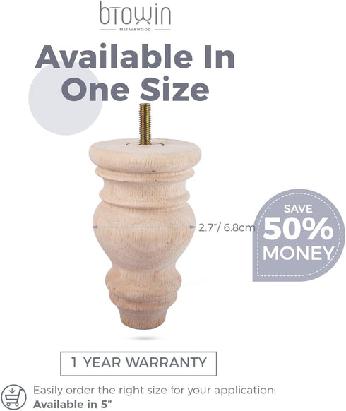 Btowin 5 inch 4Pcs 5/16'' Unfinished Wooden Bun Feet, Solid Wood Furniture Legs with Threaded Hanger Bolts & Mounting
