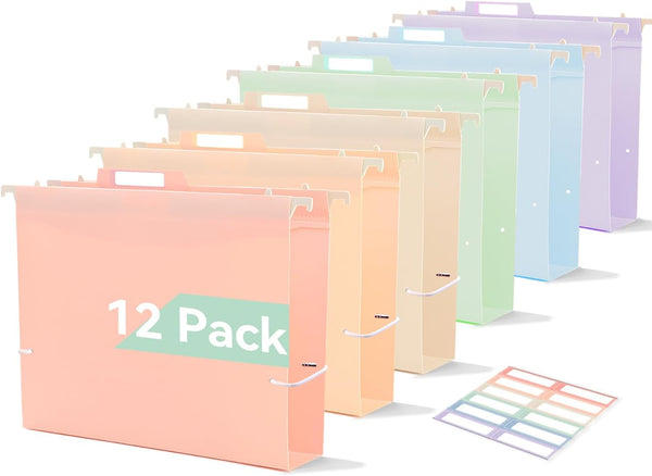 Plastic Hanging File Folders, 12 Pack, 2'' Fixed Width, Heavy Duty for Filing Cabinet, Pastel Colors
