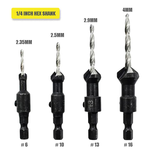 Countersink Drill Bit Set with 1/4 Hex Shank, HSS4241#6/10/13/16 Drill Bit Set with Hex Key Wrench for Woodworking Carpenter Tools Accessories-4 PCS Silver