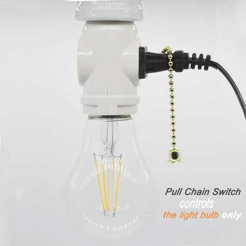 2 Pack E26 Bulb Socket to Outlet Splitter, 2 Outlet Light Socket Adapter, White, with Pull Chain Switch, UL Listed