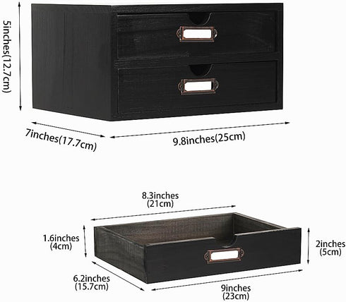 Wooden Storage Box Rustic Desktop Organizer with 2 Drawers, Office Desk Accessories Shelf, Small Craft Storage
