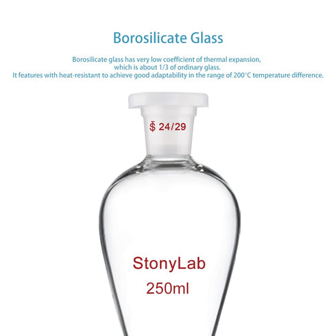 StonyLab Borosilicate Glass 250ml Heavy Wall Conical Separatory Funnel, 24/29 Joints, PTFE Stopcock