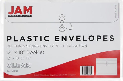 JAM PAPER Plastic Envelopes with Button & String Tie Closure, Large Booklet 12 x 18, Clear, 3/Pack