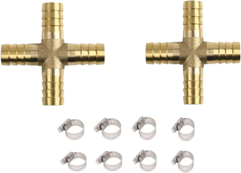 2 Pcs 3/8 "(10mm) Brass Hose Barb Joint, 4-way Cross Barb Splicing Repair Union with 8 Hose Clamps
