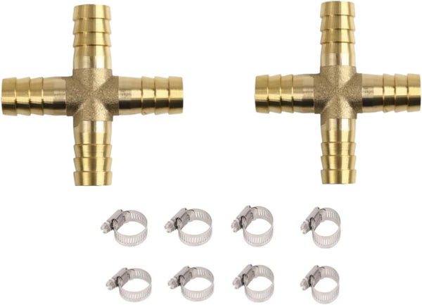 2 Pcs 3/8 "(10mm) Brass Hose Barb Joint, 4-way Cross Barb Splicing Repair Union with 8 Hose Clamps