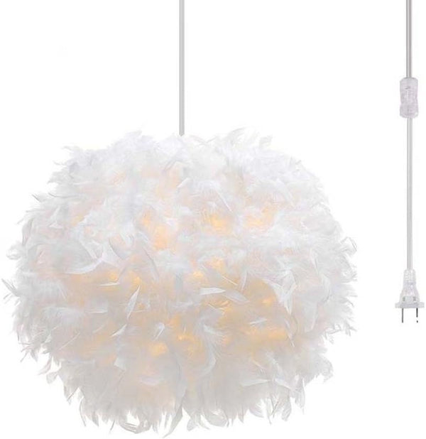 Surpars House Plug in Pendant Light White Feather Chandelier with 14.8' Cord