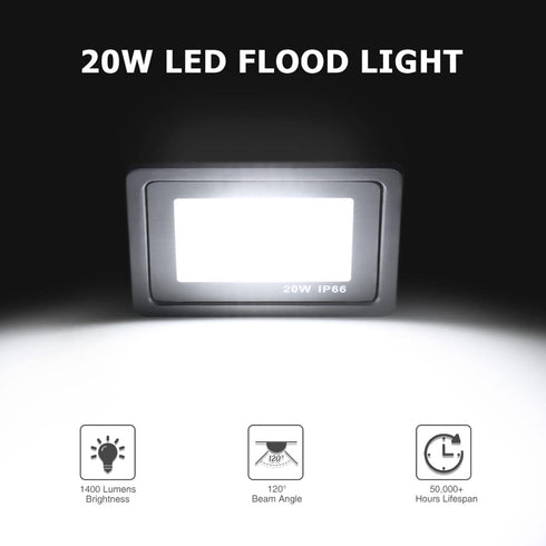 20W IP66 6500K 1400Lm 120 LED Flood Lights Outdoor, Waterproof Security Lights Fixture, Hardwired Wall Lamp, Ultra Thin