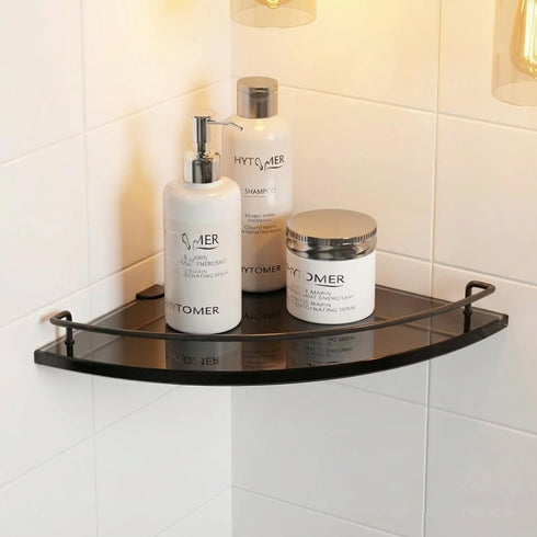 WAKLOND Black Glass Corner Shower Shelves for Bathroom, 8MM Thick Tempered Glass Floating