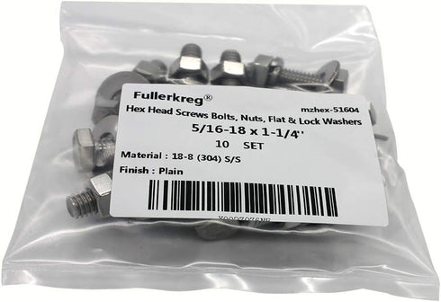 Bolt Fullerkreg 10 Sets Stainless Steel Hex Head Screws, 5/16-18x1-1/4", Bolts and Nuts Kit with Washers