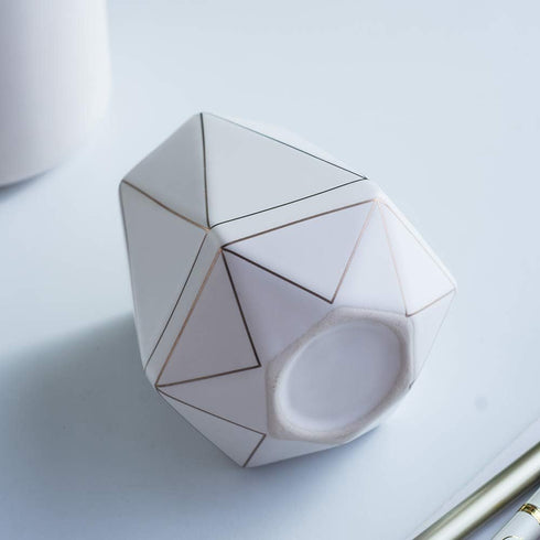 White Ceramic Desk Cute Pen Holder Stand, Gold Line Pencil Cup Pot Organizer for Makeup Brushes