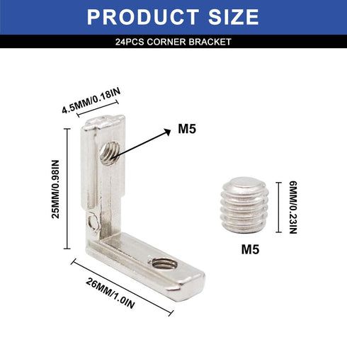 24pcs 2020 Aluminum Extrusion Connector Corner Bracket Joining 2020 Hardware T-Slotted Accessories V-Slot with Screws for 8020 Aluminum Profile 3D Printer Frame Spare Parts Silver