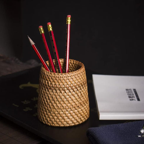 Set 2 Elsjoy of Wicker Pencil Holder, Natural Rattan Pen Cup Woven Makeup Brush Holder, Rustic Utensil Caddy Wicker Pen