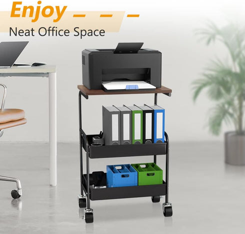 Rolling Cart with Wooden Tabletop, 3 Tier Metal Utility Cart, Lockable Wheels for Kitchen, Office, Bedroom (Black)