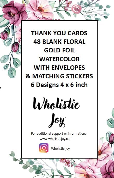 WHOLISTIC JOY 48 Set Thank You Cards Bulk with Envelopes & Stickers Eucalyptus Greenery, Gold Foil, Blank Inside